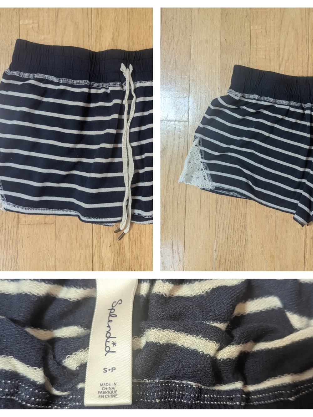 Splendid Navy and Cream Striped Knit Lounge Shorts with Lace Trim S